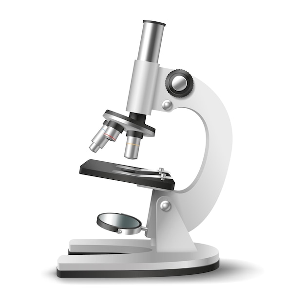 Realistic microscope. 3d chemistry, pharmaceutical instrument, microbiology magnifying tool