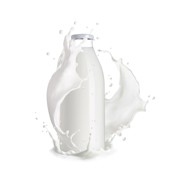 Vector realistic milk bottle with cream splash white wave