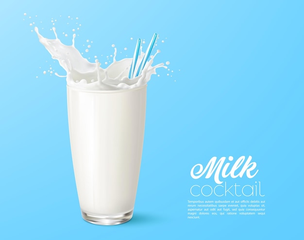 Vector realistic milk milkshake glass with straw splash