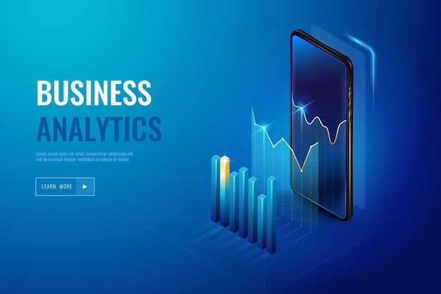 Realistic mobile phone with business analytics data and charts Infographic with 3d vector phone