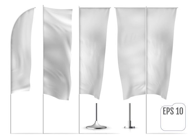 Realistic mockup of white banner flag. White banner flags. Vector set