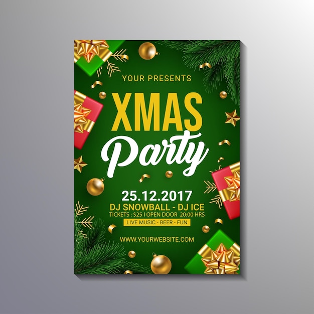 Realistic modern green xmas party poster template design