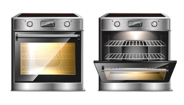  realistic modern oven, multi function stove with touch menu and timer in two views, with open and close door with light.