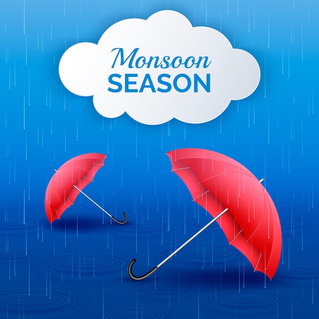 Realistic monsoon season illustration with rain and umbrellas