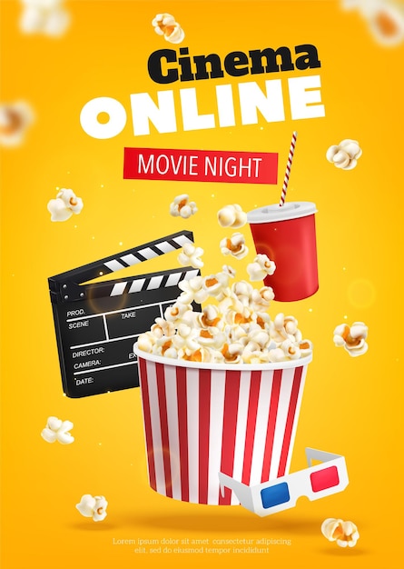 Realistic movie night advertising poster with popcorn bucket and 3d glasses vector illustration