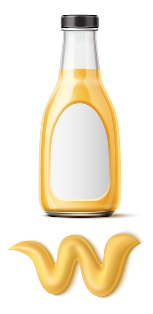 Realistic mustard bottle with sauce spill. Glass container mockup with blank label isolated on white background