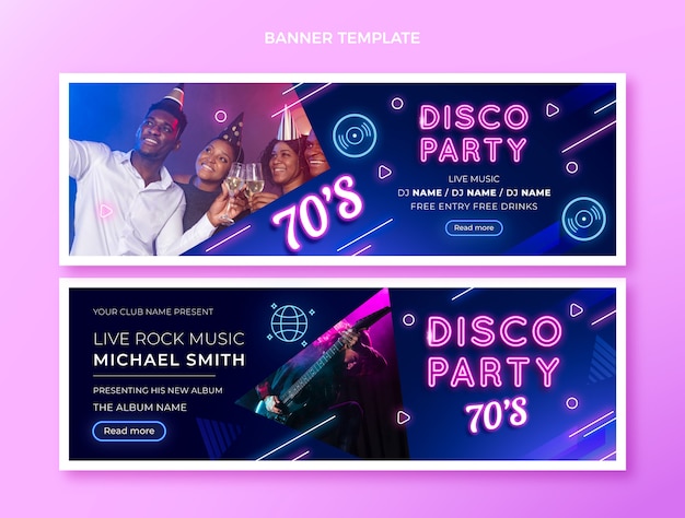 Realistic neon disco party banners set