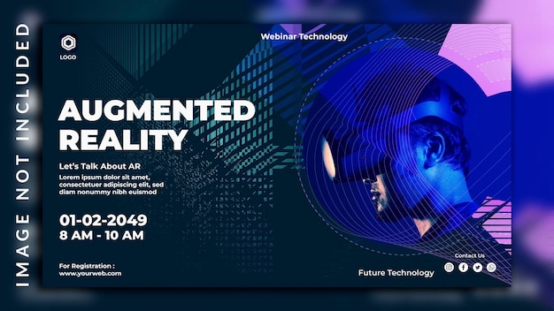 Realistic neon futuristic metaverse facebook cover for webinar conference augmented reality banner design with a man photo