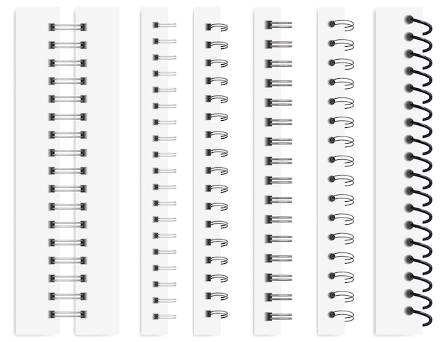 Vector realistic notebook spirals, calendar metal spiral binders. binding coils for paper sheets, steel binder rings, wire bindings vector set