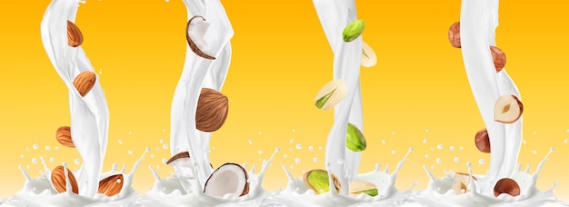 Realistic nut milk flow and splashes 3d vector