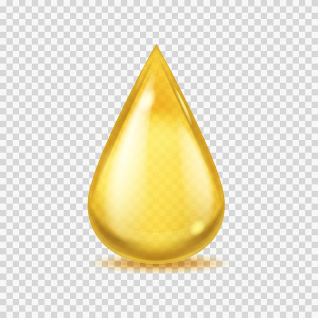 Realistic oil drop. Gold vector honey or petroleum droplet, icon of yellow essential aroma or olive oils, vector isolated illustration on transparent background