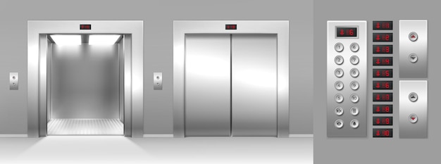 Realistic open and close elevator, buttons and floor number display. 3d lift metal gates and inside panel. Cargo elevators cabin vector set