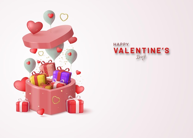 Realistic open heart shaped gift box with gifts hearts and balloons. Valentine's Day.