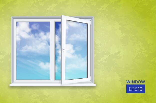 Vector realistic open square window on the background of wallpaper and sky