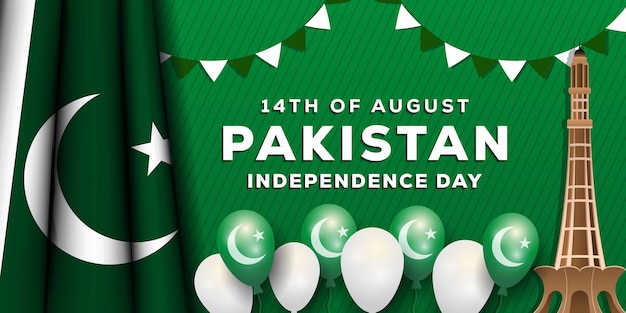 Realistic pakistan independence day illustration with realistic balloon and pakistani flag