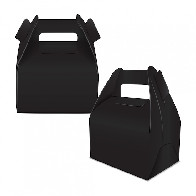 Realistic paper cake package, set of black box , gift ontainer with handle. Take away food box  template