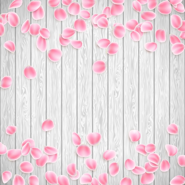 Realistic petals on a white wooden background.  