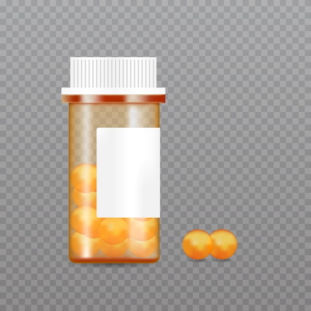 Realistic pills bottle.  Pharmaceutical product packaging mockup.