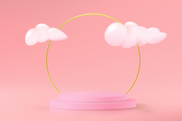 realistic pink background with empty podium for product demonstration with clouds and golden ring in minimal style