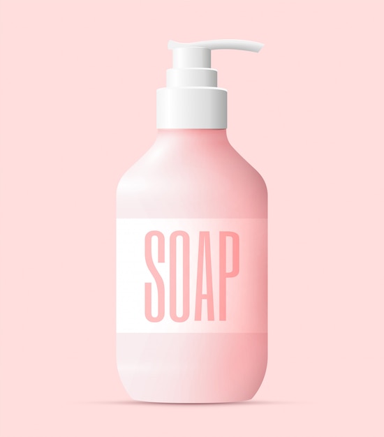 Realistic pink liquid soap bottle with white pump. Washing hands concept.  illustration