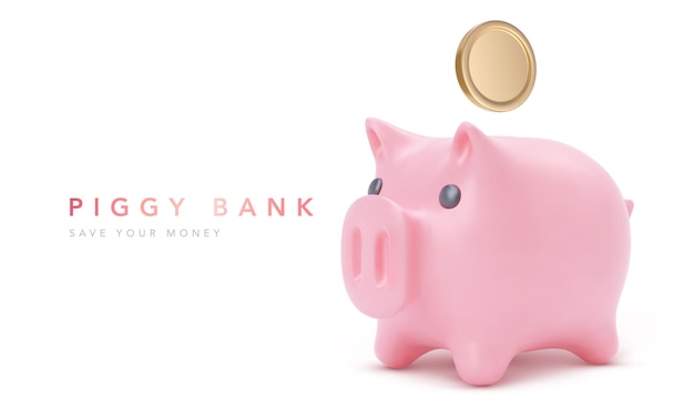 Realistic pink piggy bank pig isolated on white background. Piggy bank with coins, financial savings and banking economy, long-term deposit investment.  illustration