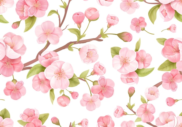 Realistic pink Sakura blossom seamless background. Japanese flowering cherry exotic texture. Spring flowers, leaves pattern for wedding backdrop, textile, fabric