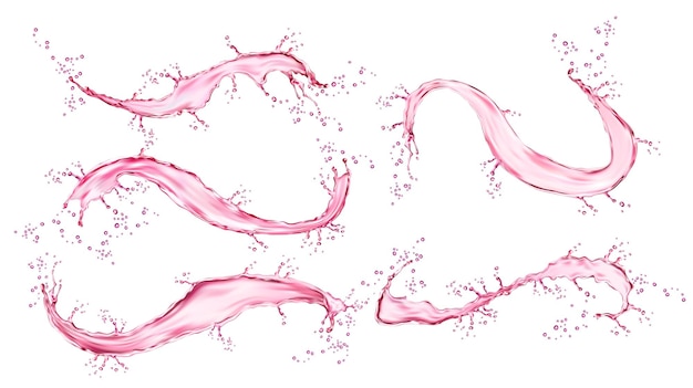 Vector realistic pink water splash and flow swirl set