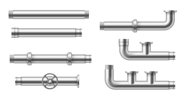 Vector realistic pipes. water tube pipelines with valves, joints and connections, plumbing factory steel glossy metallic disassembled elements collection. 3d vector illustration