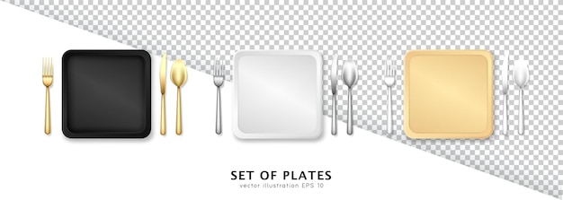 Vector realistic plates, crockery, utensil and golden fork, knife, spoon. top view of 3d empty dishware