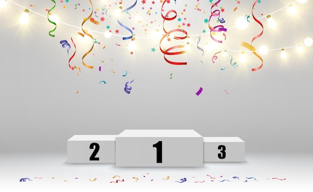 Realistic podium or winners platform Pedestal with confetti on a white background