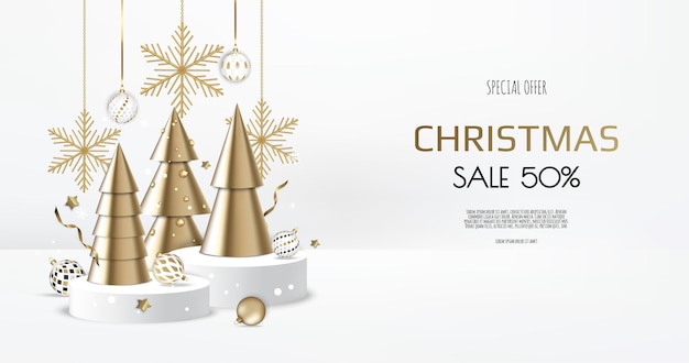 Realistic podium for winter and christmas design, sale. Greeting card, banner, poster, header for website.