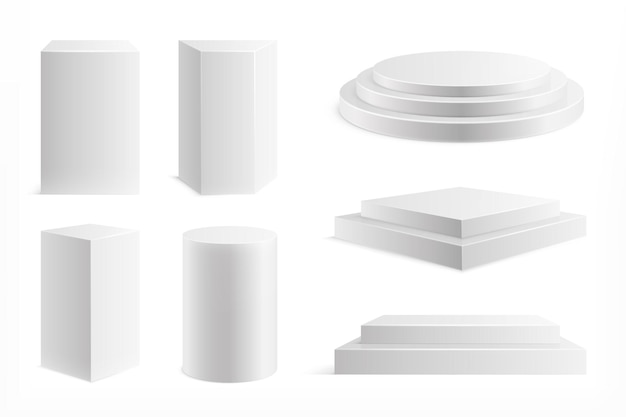 Vector realistic podiums set. square shape showroom pedestal.