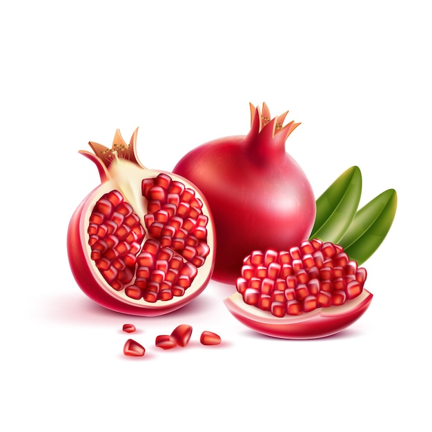 Realistic pomegranate whole half and seeds with green leaves