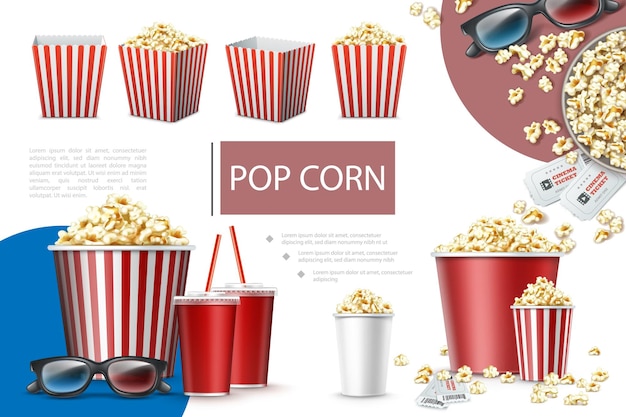 Vector realistic popcorn elements composition with paper bags and buckets of popcorn soda cups cinema tickets and 3d glasses