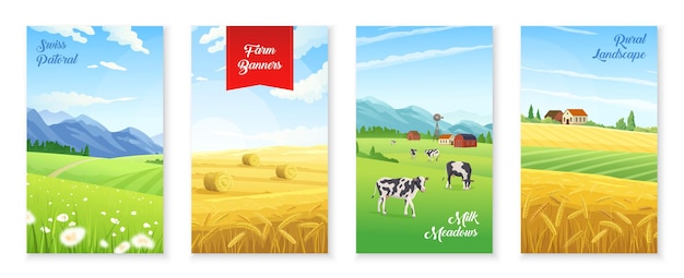 Realistic poster set with milk farms and wheat fields