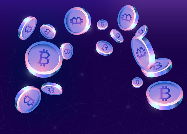 realistic purple bitcoins on dark blue background vector illustration