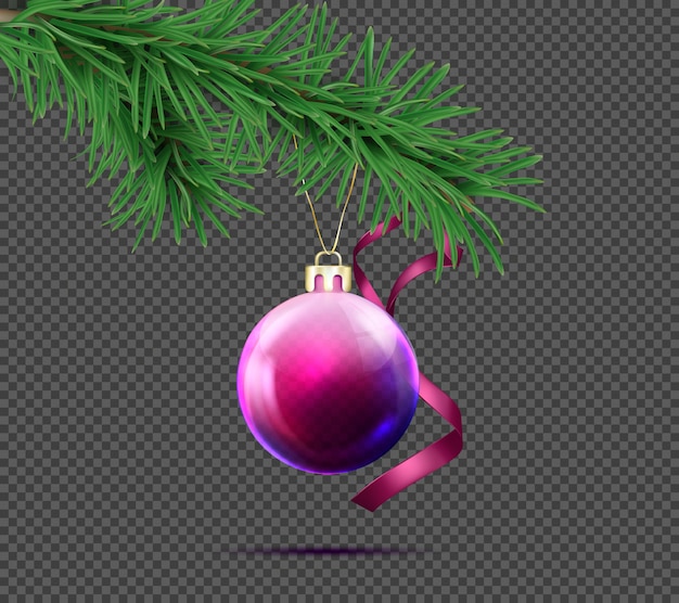 Vector realistic purple christmas ball with fir branch and decorative ribbon 