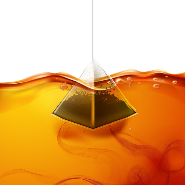 Vector  realistic pyramid teabag dipped into water