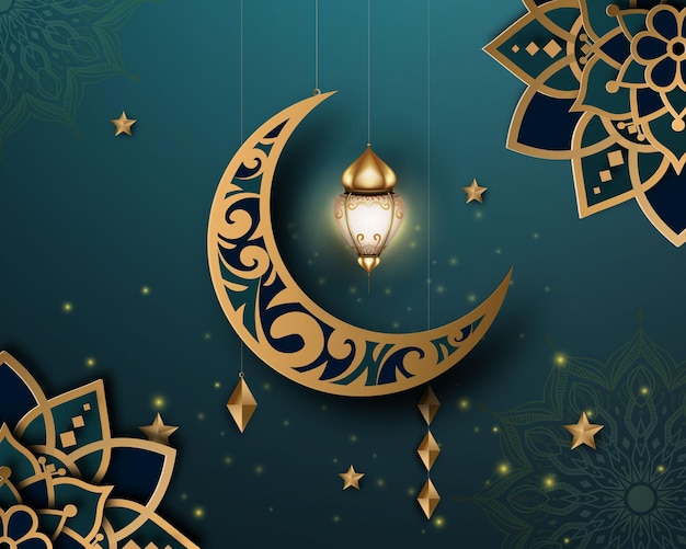 Realistic ramadan background with crescent moon lantern mandala for banner greeting card