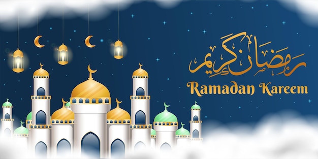 Realistic ramadan kareem background illustration with mosque, clouds, candle lantern, and moon