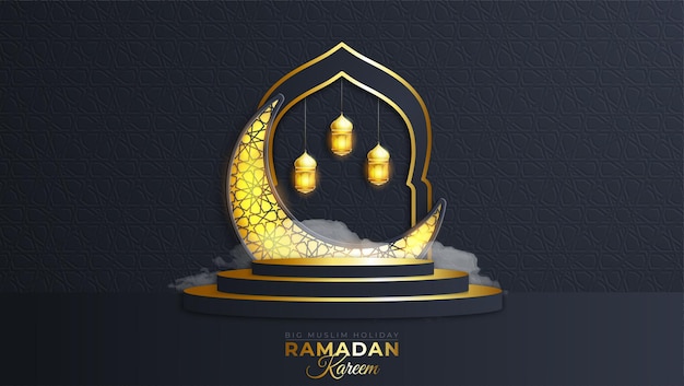 Realistic ramadan kareem banner with 3d podium