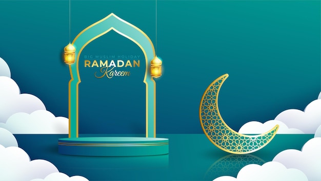 Realistic ramadan kareem banner with 3d podium