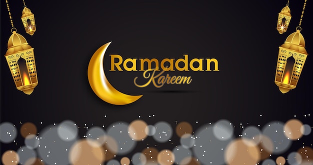 Realistic Ramadan Kareem Golden Banner Islamic Background with moon and mosque