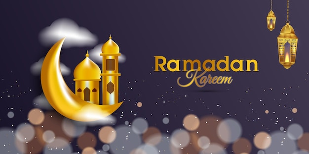 Realistic Ramadan Kareem Golden Banner Islamic Background with moon and mosque