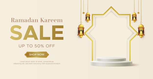 Realistic ramadan kareem sale banner template with 3d podium