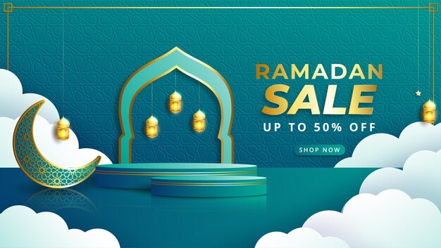 Realistic ramadan kareem sale banner with 3d podium and discount frame