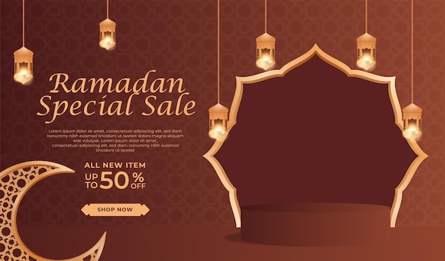 Realistic ramadan kareem sale islamic ornament lantern with podium  background