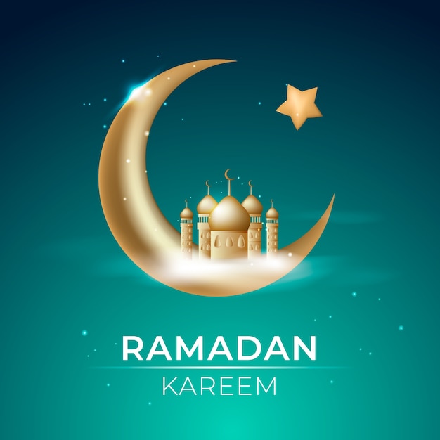 Realistic ramadan kareem with city and moon