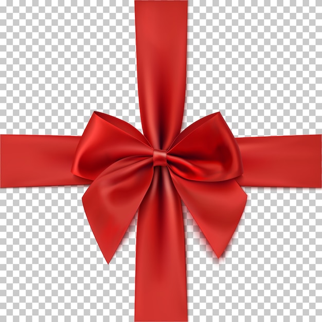 Realistic red bow and ribbon isolated on transparent background. Template for greeting card, brochure or poster. 