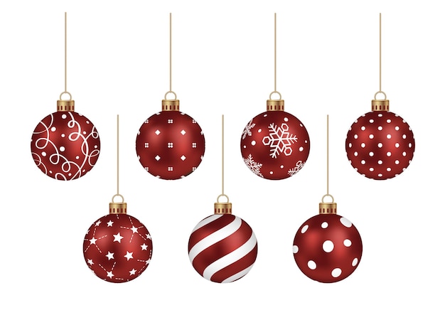 Realistic Red Christmas Ball Vector Illustration Set Isolated On A White Background.